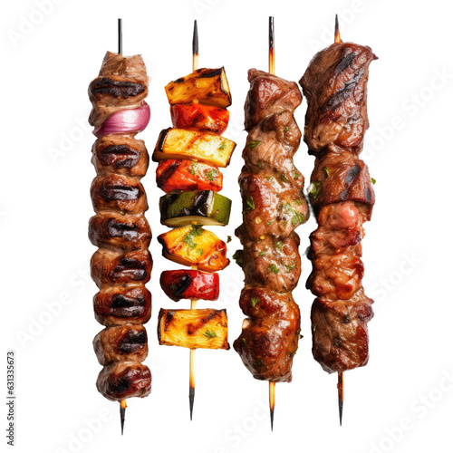 Assorted grilled meat skewers on transparent backround, Souvlaki chicken and pork, kebab doner, Greek grill food, top view. Design feature.