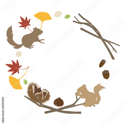 リスと木の実、紅葉の秋フレーム、ベクター素材