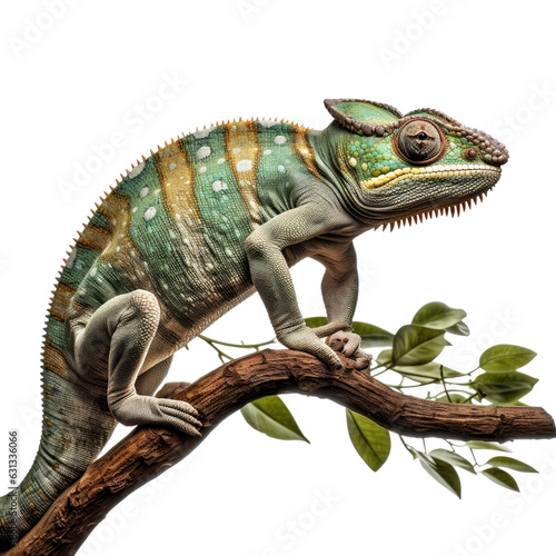Beautiful chameleon panther on branch with transparent background.