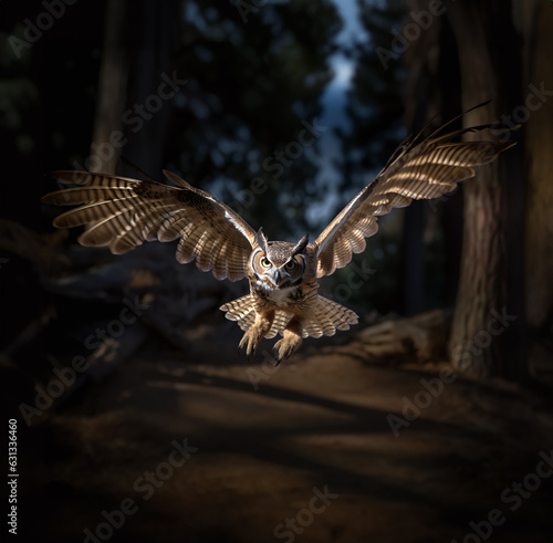 A great horned owl flying towards camera