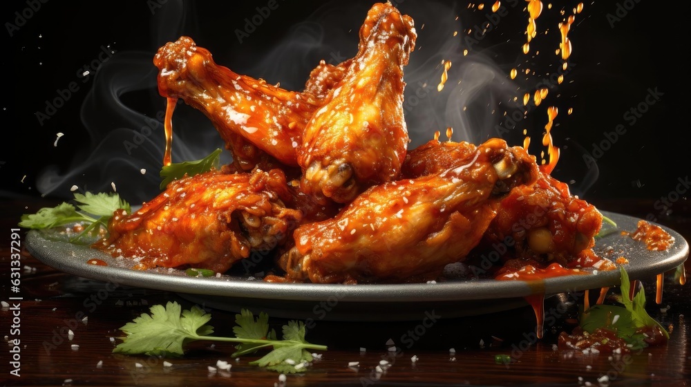 Buffalo wings with melted hot sauce on a wooden table with a blurred background Buffalo wings with melted hot sauce on a wooden table with a blurred background