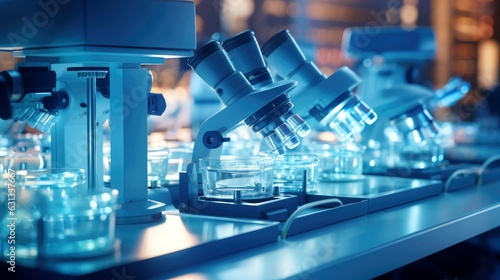 Close-up shot of microscope with metal lens at laboratory. Microscope on the table with chemical tube and glassware in laboratory, Science research technology, Generative AI illustration