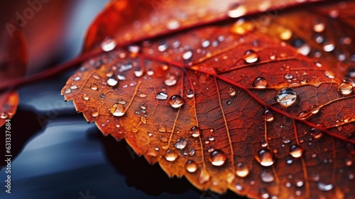 A detailed close-up of an autumn leaf featuring intricate veins, dewdrops, and rich colors. Generative AI