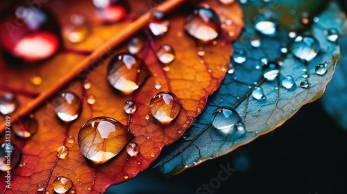 A macro shot of dewdrops on autumn leaves, highlighting the texture and color variation. Generative AI © Jane Kelly