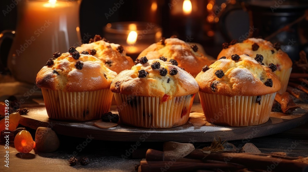 sweet muffins topped with chocolate chips with cinematic light and blurred background