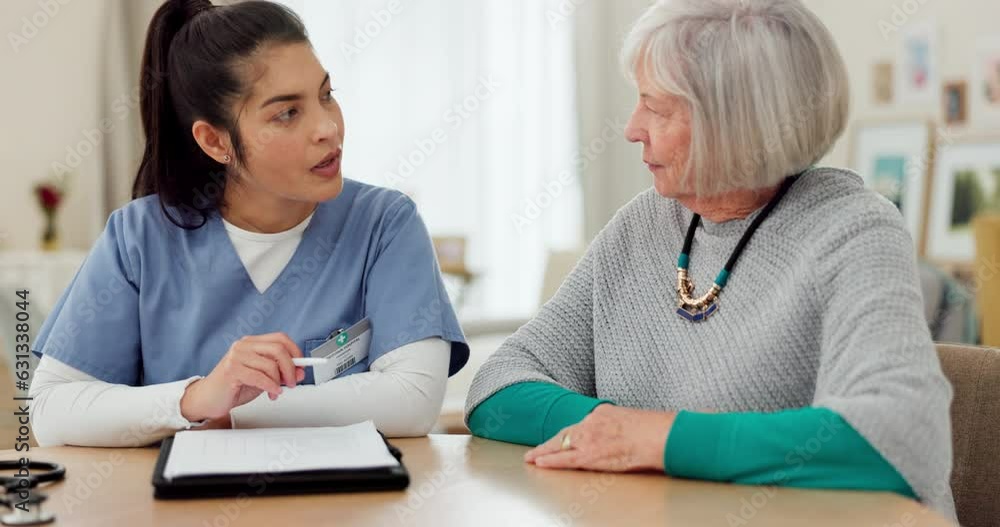 Nurse, documents and senior woman with home consultation, healthcare information and insurance checklist or charts. Medical doctor, elderly patient or people talking of retirement nursing paperwork Nurse, documents and senior woman with home consultation, healthcare information and insurance checklist or charts. Medical doctor, elderly patient or people talking of retirement nursing paperwork