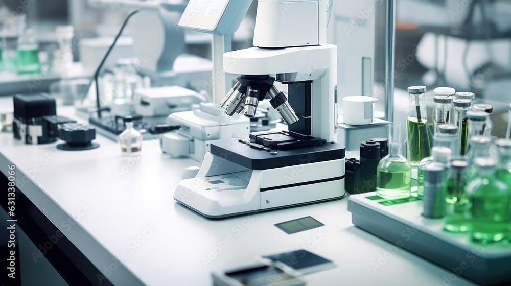 Close-up shot of microscope with metal lens at laboratory. Microscope on the table with chemical tube and glassware in laboratory, Science research technology, Generative AI illustration