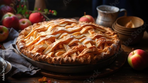 sweet apple pie with white sugar sprinkles on a wooden tray and blurred background