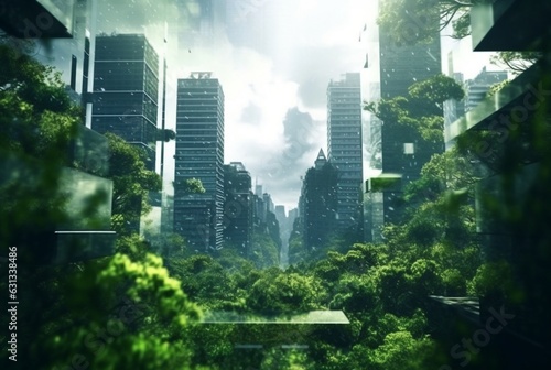 green city double exposure of lush green forest and modern skyscrapers windows. generative ai