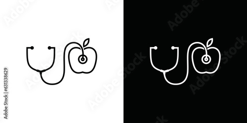 apple and thin line stethoscope template. outline trending style modern logotype design vector illustration on white background, concept of doctor first aid, hearing, diagnosis, fresh fruit, longevity