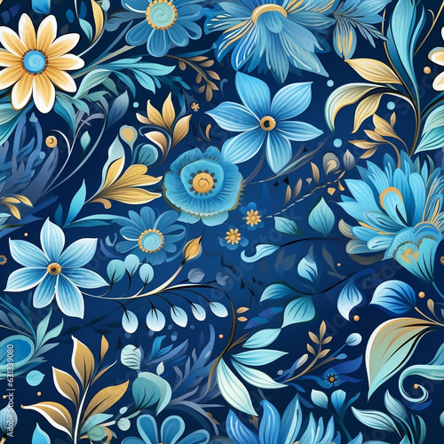 blue floral pattern with gold elements on a dark blue background, in the style of georgy kurasov, textured shading, oleg shuplyak, detailed nature depictions, photo