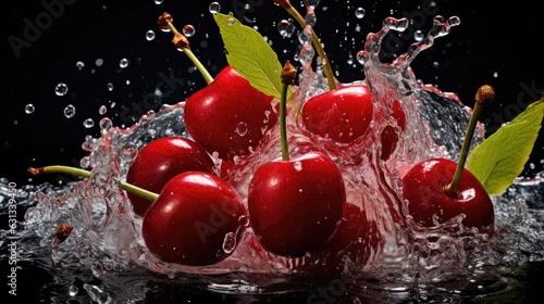 fresh red cherry exposed to water splash on black background and blur