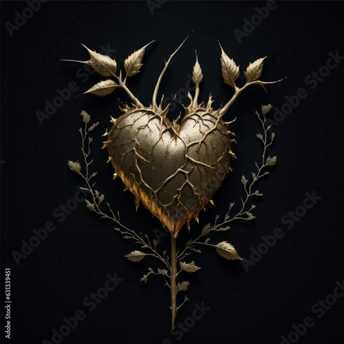 gold heart watercolor with thorns on black background