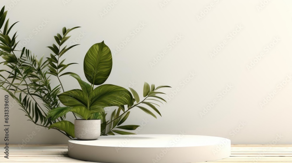 podium design for product display or product stand with leaf ornaments and minimalist background