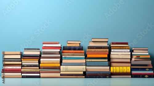 pile of books on minimalistic background or stock of books for world book day background