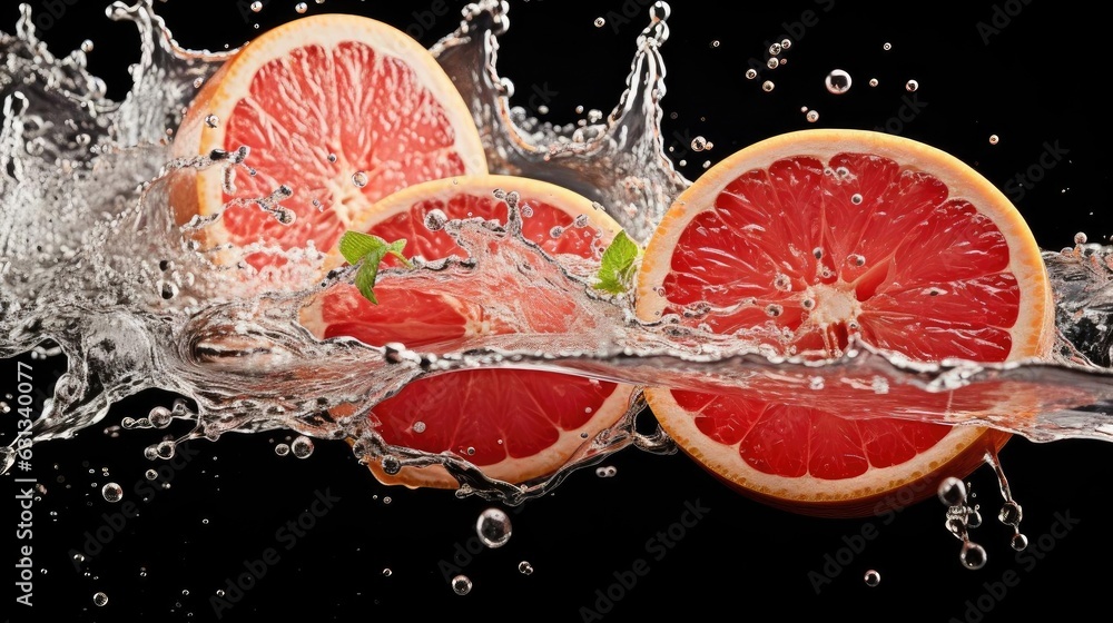 fresh grapefruits splashed with water on black and blurred background fresh grapefruits splashed with water on black and blurred background