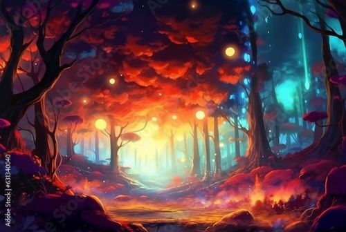 abstract landscape. colorful art fantasy landscape with a forest and glowing light. generative ai