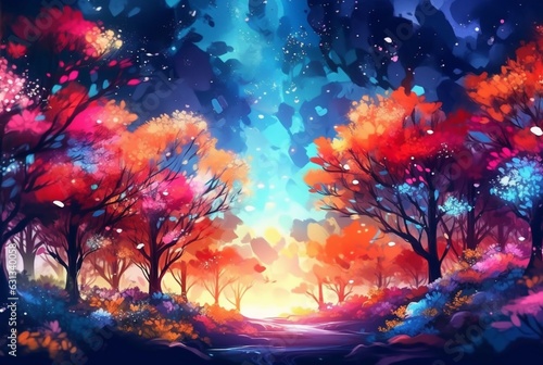 abstract landscape. colorful art fantasy landscape with a forest and glowing light. generative ai