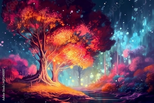 abstract landscape. colorful art fantasy landscape with a forest and glowing light. generative ai © LivroomStudio