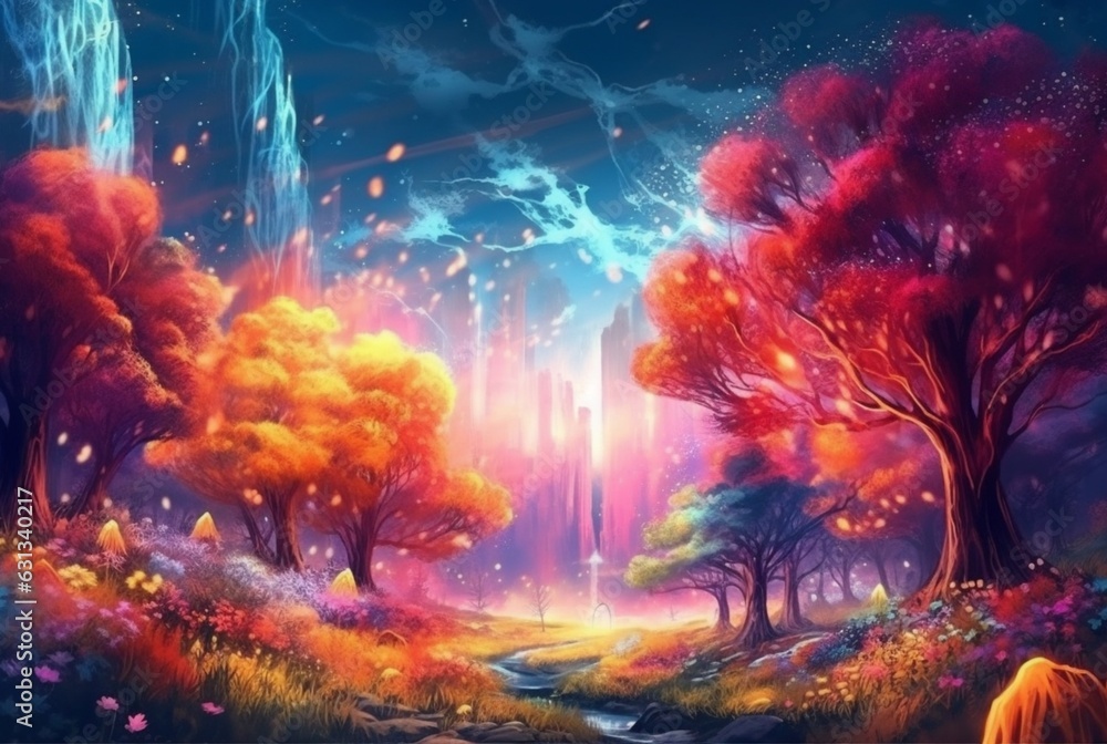 Obraz premium abstract landscape. colorful art fantasy landscape with a forest and glowing light. generative ai