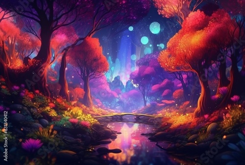 abstract landscape. colorful art fantasy landscape with a forest and glowing light. generative ai