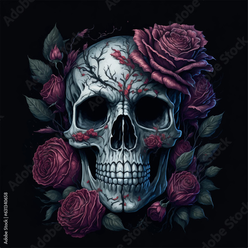 emo skull watercolor with black roses on black background