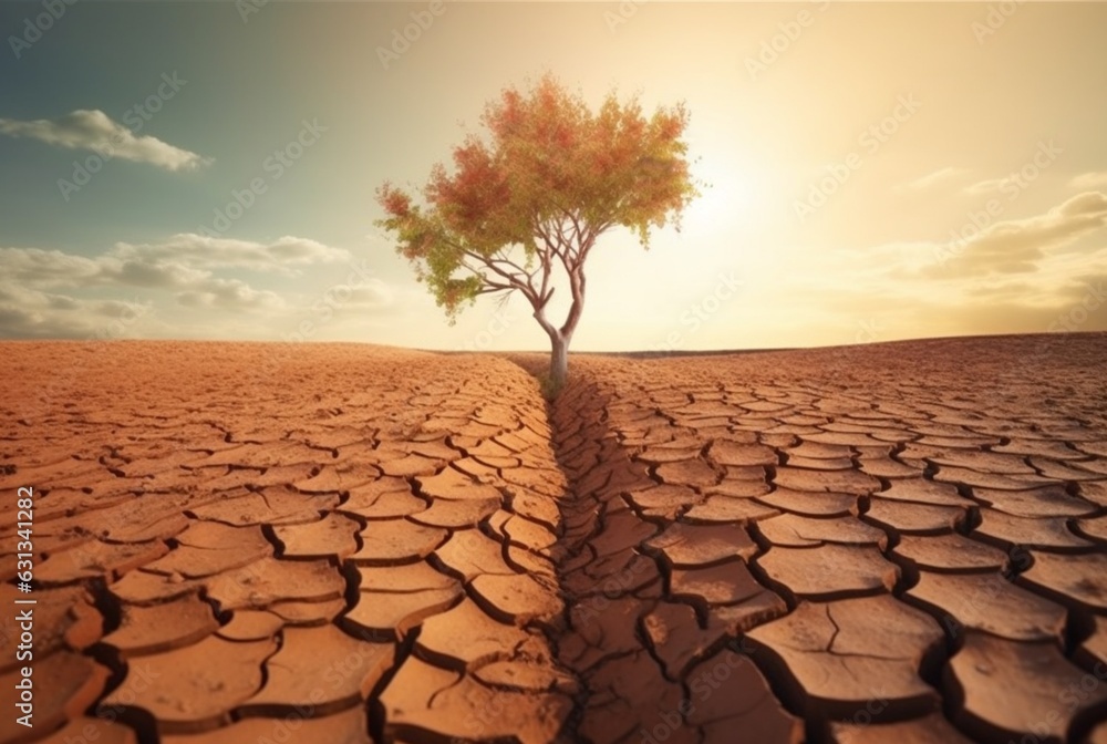 Climate Change: Tree on Drought-Ridden Land. Generative AI - obrazy, fototapety, plakaty 