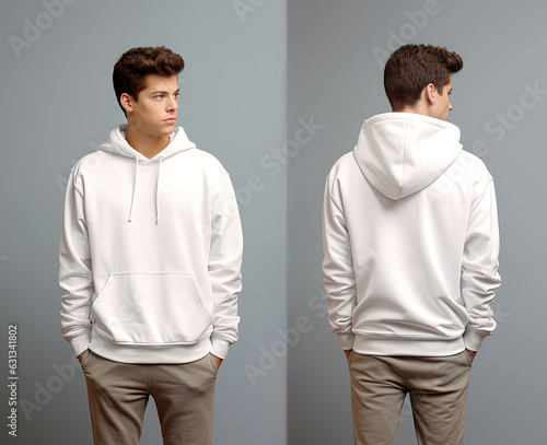 Front and back view of a white hoodie mockup for design print