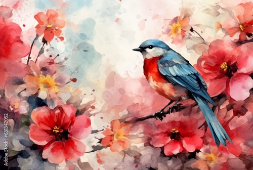 beautiful flowers and birds with watercolors. generative ai © LivroomStudio