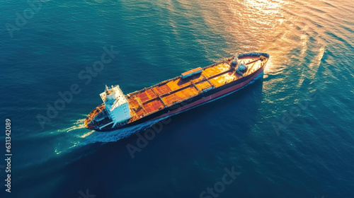 Aerial view of industrial crude oil and fuel tanker ship cruising deep blue open ocean sea. Generative Ai © tong2530