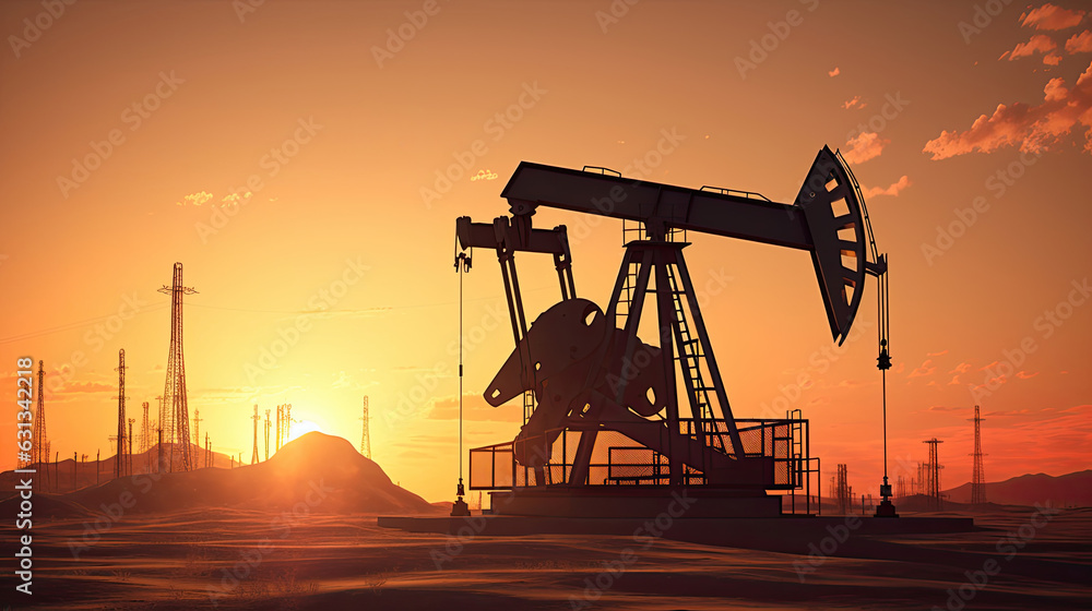 Silhouette of Crude oil pumpjack rig on desert silhouette in evening sunset, energy industrial machine for petroleum gas production. Generative Ai