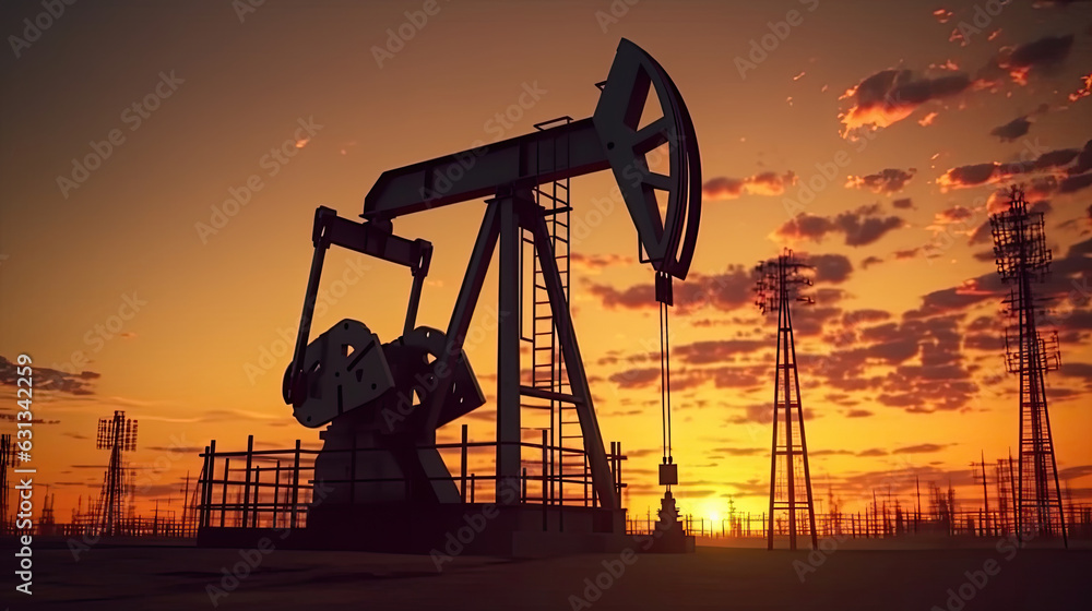 Obraz premium Silhouette of oil pump, industrial equipment at sunset, power industry machines for producing petroleum gas. Generative Ai