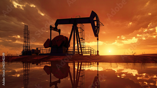 Silhouette of oil pump, industrial equipment at sunset, power industry machines for producing petroleum gas. Generative Ai