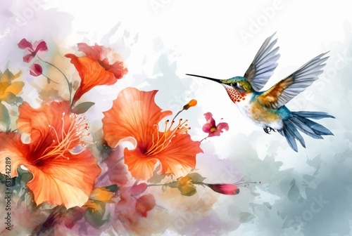 beautiful flowers and birds with watercolors. generative ai