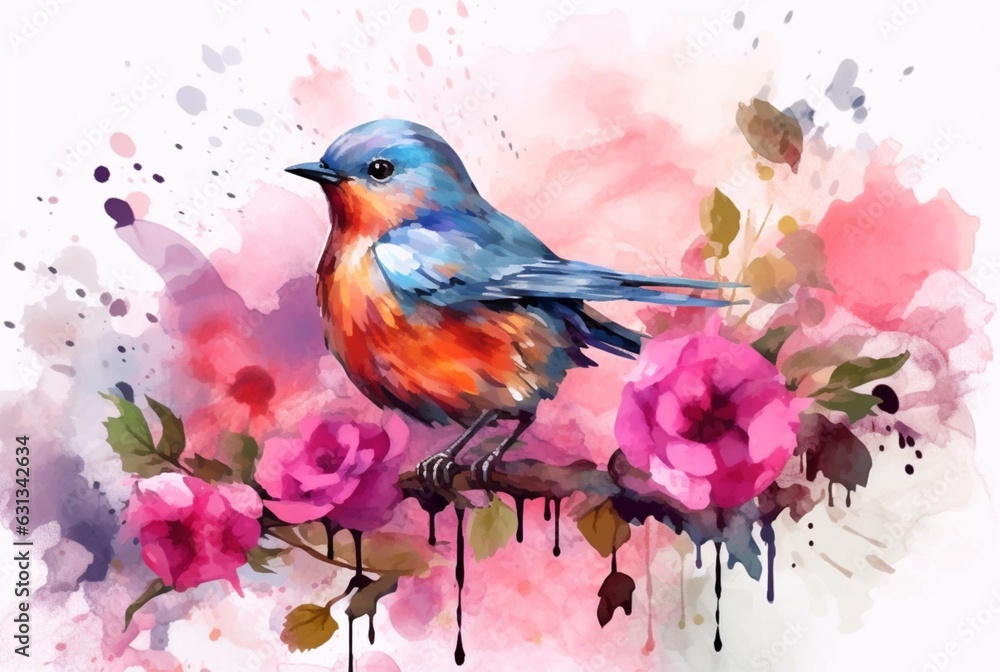beautiful flowers and birds with watercolors. generative ai beautiful flowers and birds with watercolors. generative ai
