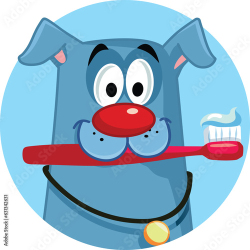 Funny Dog Holding a Toothbrush Vector Mascot Cartoon Design. Happy pet being well taken care of having no dental problems
