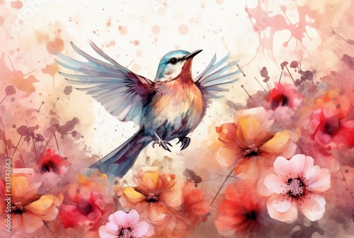 beautiful flowers and birds with watercolors. generative ai © LivroomStudio
