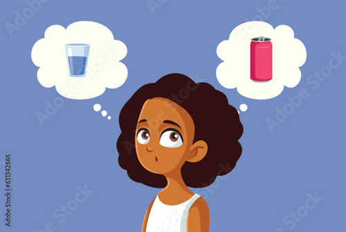 Girl Thinking to Drink Either Water of Soda Vector Cartoon Illustration. Funny teen choosing between healthy and unhealthy beverages
