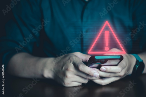 Emergency warning alert alarm on Smartphone, Data network protection, Virus alarm.