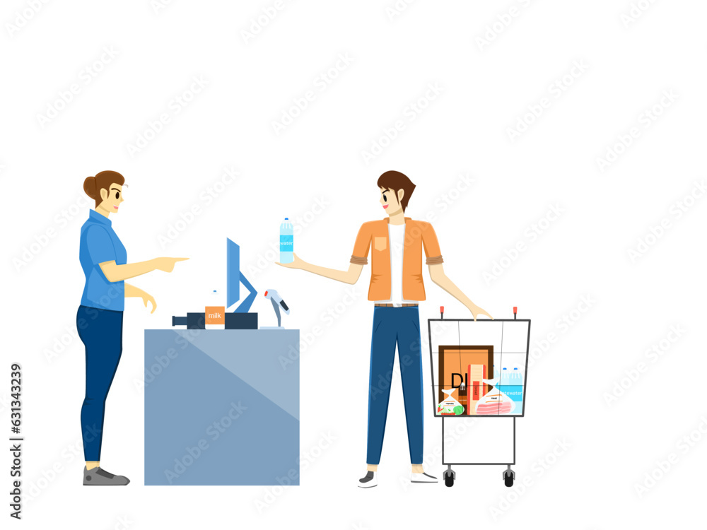man standing and paying for purchases In front of the cashier at the counter in the supermarket. men who is shopping for fruit, food, and groceries add to cart in the supermarket. Vector cartoon life man standing and paying for purchases In front of the cashier at the counter in the supermarket. men who is shopping for fruit, food, and groceries add to cart in the supermarket. Vector cartoon life