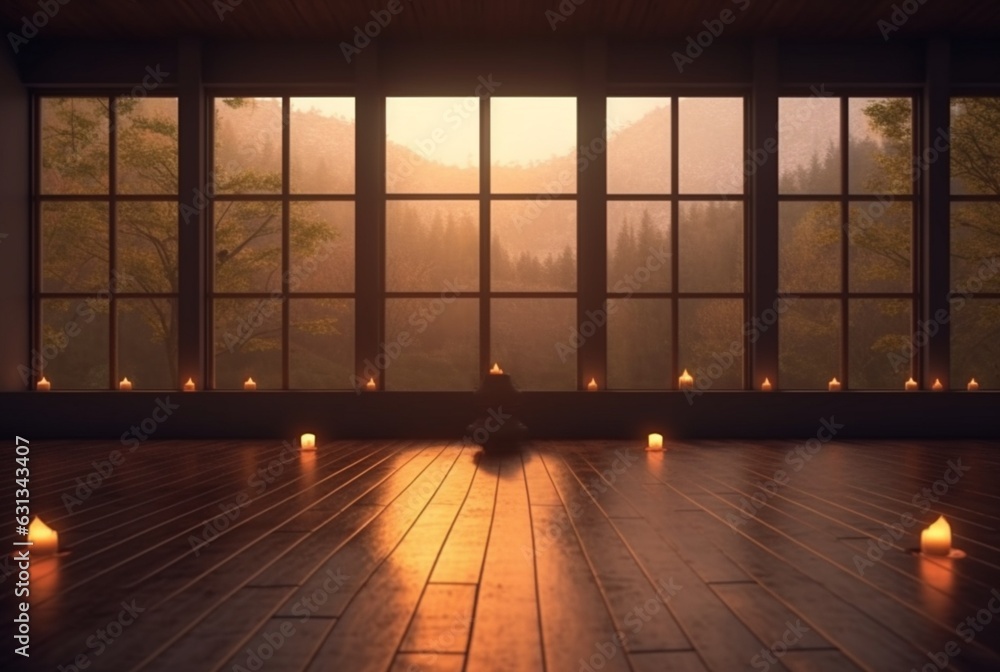 empty zen room or yoga studio with nature view from window and burning candles on floor. generative ai empty zen room or yoga studio with nature view from window and burning candles on floor. generative ai