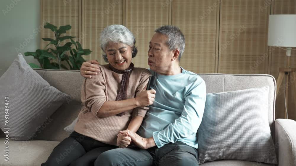 Senior Asian couple watching tv and relax on couch in home living room, spending free time on the weekend together. Senior Asian couple watching tv and relax on couch in home living room, spending free time on the weekend together.