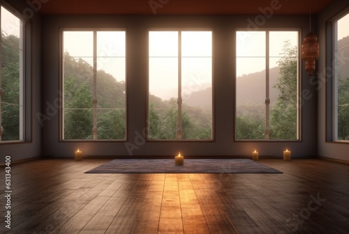 empty zen room or yoga studio with nature view from window and burning candles on floor. generative ai