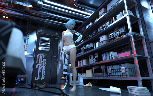3d illustration or model of futuristic steel robotic girl posing on sci-fi room. Robot's action and pose. Robotic steel hand and leg. © mrjo_7