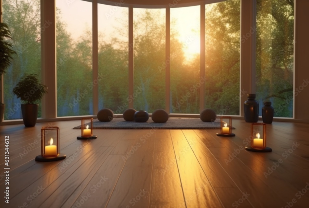 empty zen room or yoga studio with nature view from window and burning candles on floor. generative ai - obrazy, fototapety, plakaty 