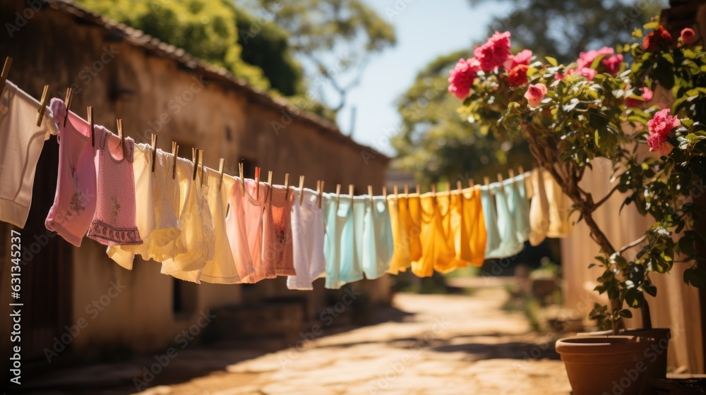 Sun-Kissed Laundry: Children's Clothing on the Line, generative ai