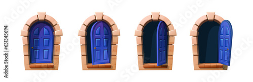 Blue wooden cottage door open and closed. Vector cartoon style icon illustrations. Sprite animation for 2d game. 
