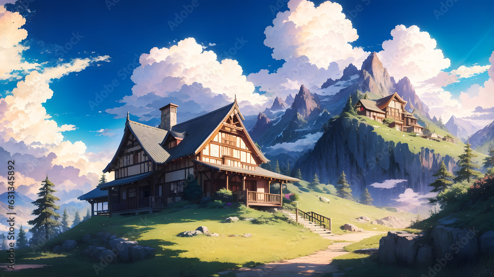 Houses in the mountain in anime style