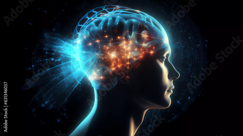 Human head with a luminous brain network Neuroscience AI artificial intelligence concept.