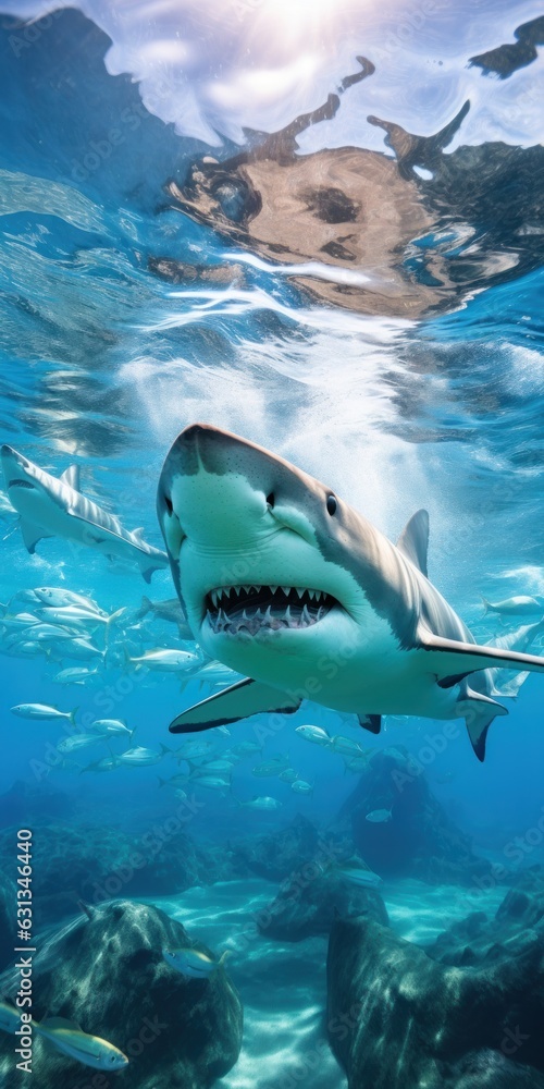Obraz premium illustration of sharks in crystal blue water, generative AI